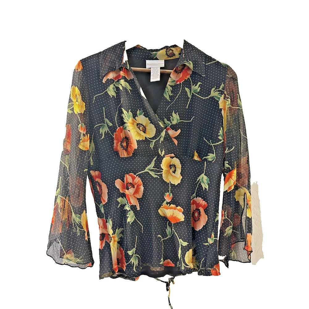 Vintage Worthington Womans Dark Floral Babydoll Top Size L Fairygrunge Y2K